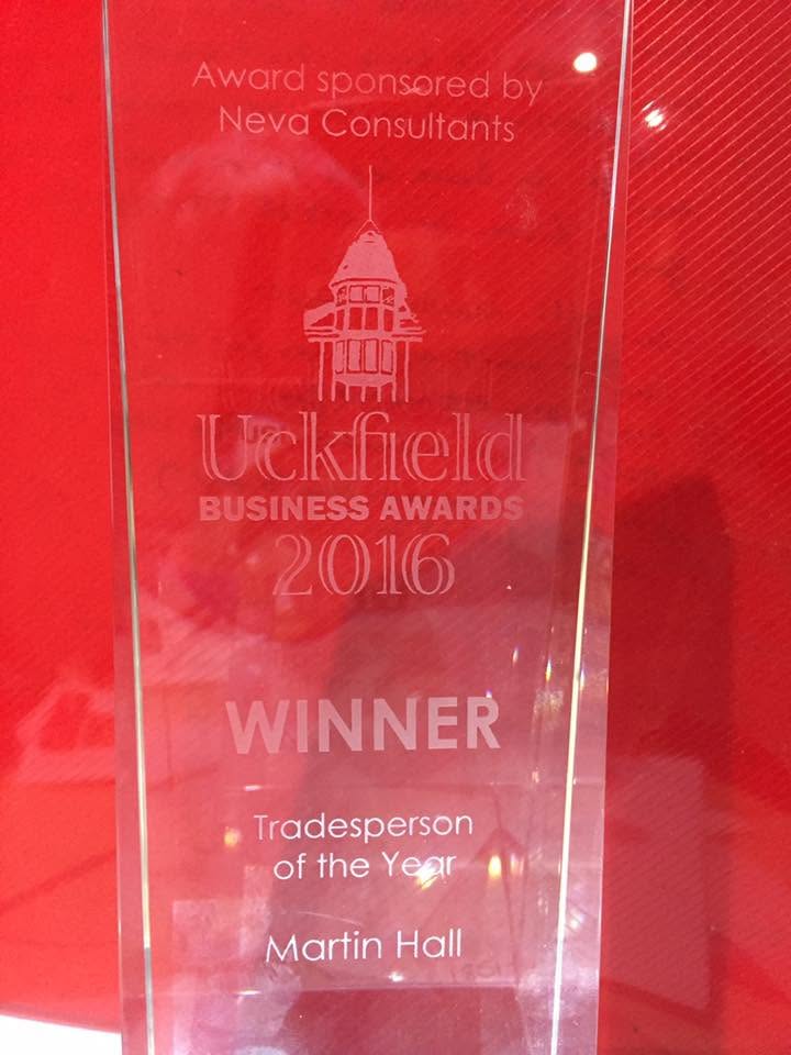 Glass trophy engraved: Uckfield Business Awards 2016, Winner, Tradesperson of the Year, Martin Hall