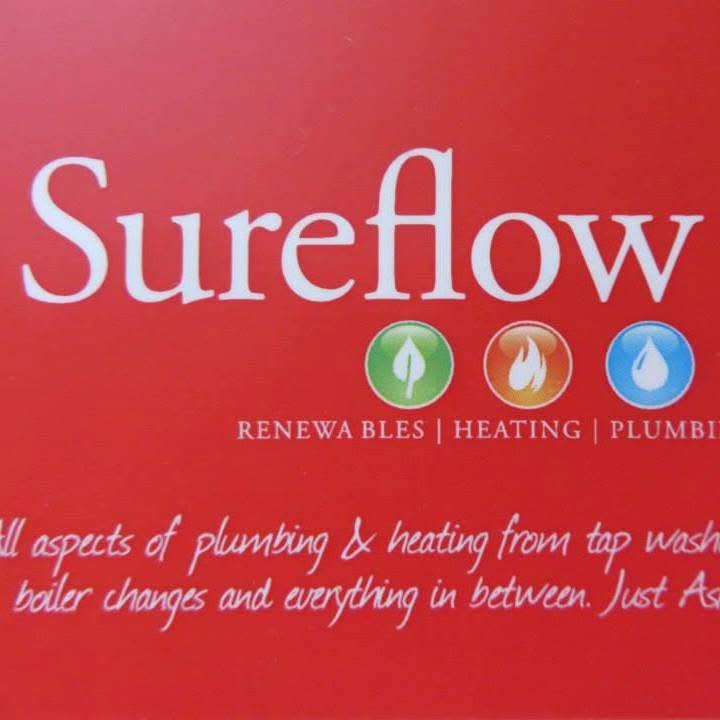Close-up of the Sureflow van livery: the logo with Renewables, Heating, Plumbing, and the line ‘All aspects of plumbing & heating from tap washers to boiler changes and everything in between. Just Ask’
